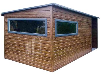 Gartenhaus - Gartenschuppen 4,5x2,5m + Überdachung 1,8m - Tür - 2x PVC Kippfenster - Holzoptik - Anthrazit - Dachrinnen - Flachdach ID813