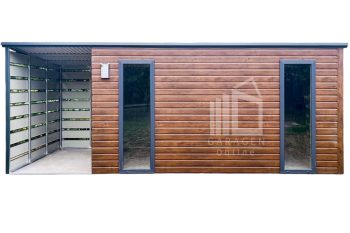 Gartenhaus - Gartenschuppen 4,5x2,5m + Überdachung 1,5m - Tür - 2x PVC Kippfenster - Holzoptik - Anthrazit - Flachdach ID802