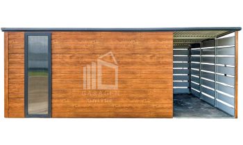 Gartenhaus - Gartenschuppen 4x3m + Überdachung 2m - Tür - PVC Kippfenster - Holzoptik - Anthrazit - Flachdach ID805