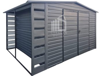 Gartenhaus - Gartenschuppen 4x3,5m + Überdachung 0,5m - Zweiflügeliges Tor - Anthrazit - Satteldach | GP602 |