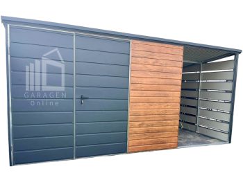 Gartenhaus - Gartenschuppen 3x3m + Überdachung 1,5m - Zweiflügeliges Tor - Holzoptik - Flachdach ID800