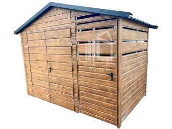 Gartenhaus - Gartenschuppen 2,5x2m + Überdachung 1m - Zweiflügeliges Tor - Tür - Holzoptik - Metalldachziegel - Satteldach ID796