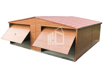 Blechgarage 7,5x6m - 2x Schwingtor - PVC Kippfenster - Holzoptik - Metalldachziegel - Dachrinnen - Satteldach ID795