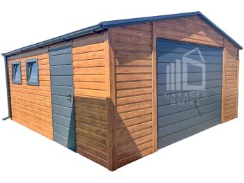 Blechgarage 5x5m - Schwingtor - Tür - 2x PVC Kippfenster - Holzoptik - Anthrazit - Dachrinnen - Satteldach ID794