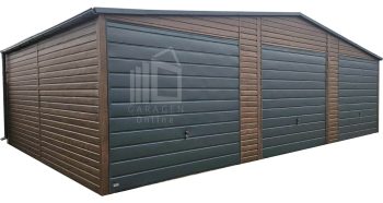 Blechgarage 10,5x6m - 3x Schwingtor - Tür - Holzoptik - Dachrinnen - Satteldach ID791