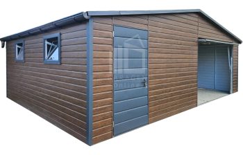 Blechgarage 7,5x5m - Schwingtor - Tür - 2x PVC Kippfenster - Holzoptik - Dachrinnen - Satteldach | ID789 |