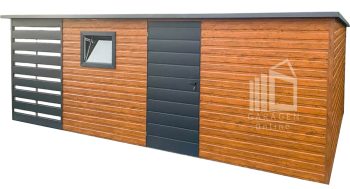 Gartenhaus - Gartenschuppen 5x3,5m + Überdachung 1,5m - Tür - PVC Kippfenster - Holzopitk - Anthrazit - Flachdach ID783