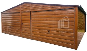 Blechgarage 7x6m - 2x Schwingtor - Tür - Holzoptik - PVC Kippfenster - Dachrinnen - Satteldach | GP598 |
