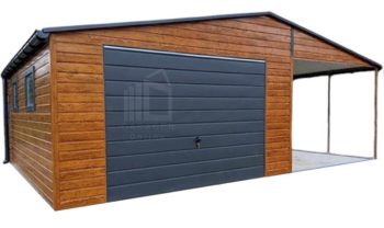 Blechgarage 5x6m + Überdachung 4m - Schwingtor - Tür - 3x PVC Kippfenster - Helles Walnussholz - Holzoptik - Anthrazit - Dachrinnen - Satteldach ID758