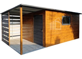 Gartenhaus - Gartenschuppen 3,5x3m + Überdachung 2m - Tür - PVC Kippfenster - Helles Walnussholz - Holzoptik - Anthrazit - Flachdach ID756