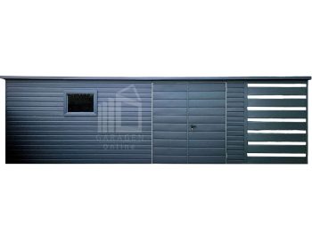 Gartenhaus - Gartenschuppen 6,5x2,5m + Überdachung 1,5m - Zweiflügeliges Tor - PVC Kippfenster - Anthrazit - Flachdach ID720