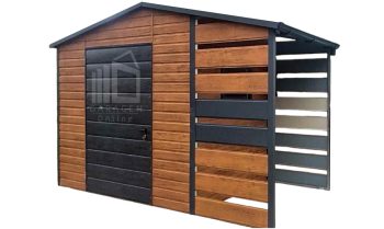 Gartenhaus - Gartenschuppen 2x2m + Überdachung 1m - 2x PVC Kippfenster - Tür - Helles Walnussholz - Holzoptik - Satteldach ID717