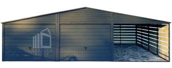 Blechgarage 6x6m + Überdachung 3m - 2x Schwingtor - Tür - Anthrazit - Satteldach | GP597 |
