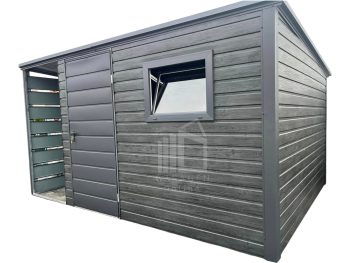 Gartenhaus - Gartenschuppen 3x2,5m + Überdachung 1m - Tür - PVC Kippfenster - Norwegische Kiefer - Anthrazit - Flachdach ID713
