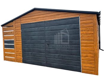 Blechgarage 4x6m + Überdachung 1m - Zweiflügeliges Tor - PVC Kippfenster - Dachrinnen - Helles Walnussholz - Norwegische Kiefer - Holzoptik - Satteldach ID711