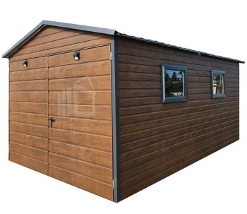 Blechgarage 3x5m - Zweiflügeliges Tor - 2x PVC Kippfenster - Metalldachziegel - Dunkles Walnussholz - Holzoptik - Satteldach ID709