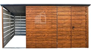 Gartenhaus - Gartenschuppen 3x2,5m + Überdachung 1,5m - Zweiflügeliges Tor - Helles Walnussholz - Holzoptik - Flachdach ID705