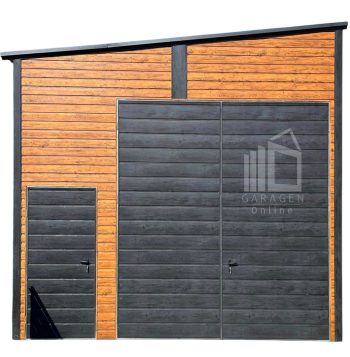 Blechgarage - Halle - 4x8m - Zweiflügeliges Tor - 2x Tür - Anthrazit - Helles Walnussholz - Holzoptik -  Dach mit seitlichem Gefälle | ID706 |