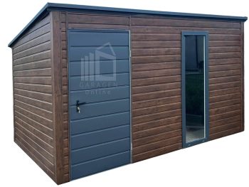 Gartenhaus - Gartenschuppen 3,5x2,5m - Tür - PVC Kippfenster- Dunkles Walnussholz - Holzoptik - Flachdach ID702