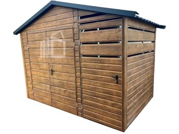 Gartenhaus - Gartenschuppen 2,5x2m + Überdachung 1m - Tür - Zweiflügeliges Tor - Helles Walnussholz - Holzoptik - Satteldach | ID703 |