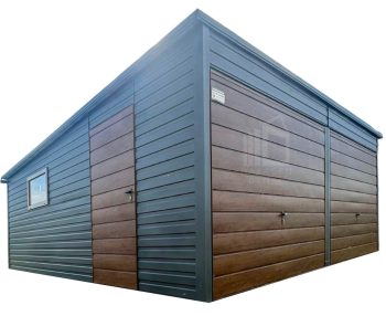 Blechgarage 6x6m - 2x Schwingtor - Tür - PVC Kippfenster - Anthrazit - Flachdach ID698