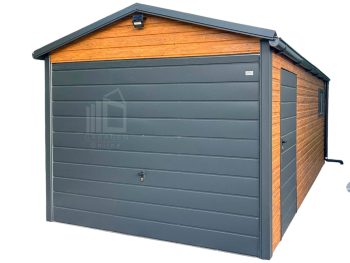Blechgarage 3x6m - Schwingtor - Tür - PVC Kippfenster - Helles Walnussholz - Holzoptik - Anthrazit - Dachrinnen - Satteldach ID696
