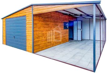Blechgarage 4x6m + Überdachung 4x6m - Schwingtor - PVC Kippfenster - Tür - Helles Walnussholz - Holzoptik - Anthrazit - Satteldach GP431
