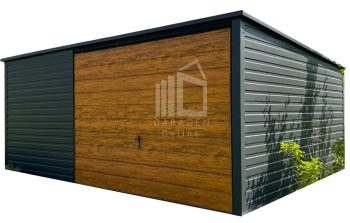 Blechgarage 5x5m - Schwingtor - Anthrazit - Holzoptik - Flachdach GP590