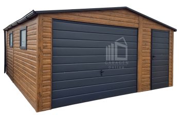 Blechgarage 4,5x5m - Schwingtor - Tür - 2x PVC Kippfenster - Anthrazit - Holzoptik - Dachrinnen - Satteldach GP632