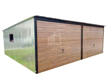 Blechgarage  6x8m - 2x Schwingtor - Zusätzliche Tür - Holzoptik + PVC Kippfenster - Verzinkt - Pultdach  GP141