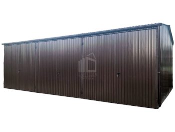 Blechgarage 9x5m 3x Zweiflügeliges Tor - Dunkles Braun - Dachrinnen - Satteldach GP133