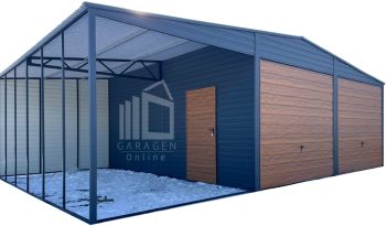 Blechgarage 6x6m + Überdachung 3m - 2x Schwingtor - Anthrazit - Holzoptik - Satteldach GP585