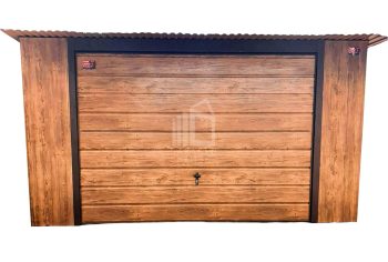 Blechgarage 4x7m Schwingtor - Helles Walnussholz - Holzoptik - Flachdach GP113