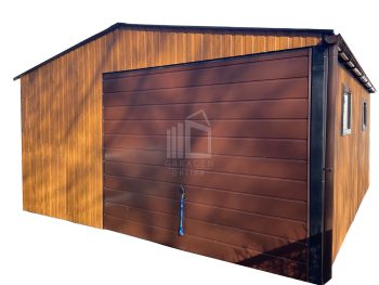 Blechgarage 5,5x6m - Schwingtor - Tür - 2x PVC Kippfenster - Dachrinnen - Helles Walnussholz - Holzoptik - Satteldach GP278