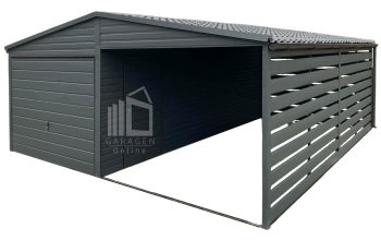 Blechgarage 3x6m + Überdachung 3m - Schwingtor - Tür - Anthrazit - Metalldachziegel - Satteldach | GP582 |