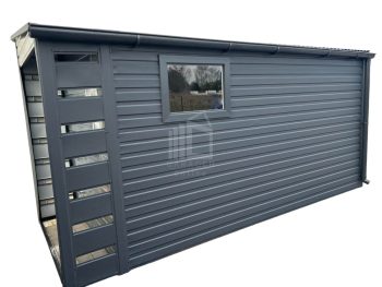 Gartenhaus - Schuppen 2x4m + Überdachung 2m - Tür - PVC Kippfenster - Dachrinnen - Anthrazit - Dach mit Neigung nach links GP353