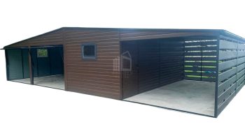 Blechgarage 10x6m + Überdachung 4x6m - 2x Schwingtor - 2x PVC Kippfenster - Tür - Dachrinnen - Dunkles Walnussholz - Holzoptik - Anthrazit - Satteldach GP363
