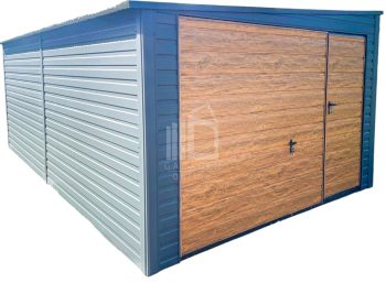 Blechgarage 4x6m - Schwingtor - Tür - Helles Walnussholz - Holzoptik - Anthrazit - Dach mit Neigung nach links GP406