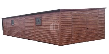 Blechgarage 5x11m Zweiflügeliges Tor - 2x Tür - 2x PVC Kippfenster - Dunkles Walnussholz - Holzoptik - Verzinkte Konstruktion - Dach mit Neigung nach links ID491