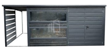 Gartenhaus - Gartenschuppen 4x2,5m + Überdachung1,2m - Zweiflügeliges Tor - 3x Fenster - Norwegische Kiefer - Holzoptik - anthrazit - Flachdach ID532