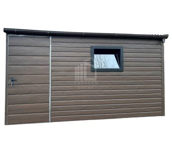 Gartenhaus - Schuppen 4x3m - Tür - 2x PVC Kippfenster - Dachrinnen - Dunkles Walnussholz - Holzoptik ID536