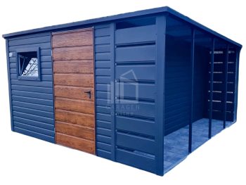 Gartenhaus - Schuppen 3x4m + Überdachung 1m - Tür - PVC Kippfenster - Dachrinnen  - Helles Walnussholz - Holzoptik - Anthrazit - Flachdach  ID538