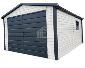 Blechgarage 4x5m - Zweiflügeliges Tor - Tür - 2x PVC Kippfenster - 2x PVC Kippfenster - Dachrinnen - Metalldachziegel - Weiß - Anthrazit - Satteldach | ID540 |