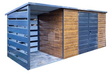 Gartenhaus - Gartenschuppen 4x2m + Überdachung 1,5m - Tür - Helles Walnussholz - Holzoptik - Flachdach ID554