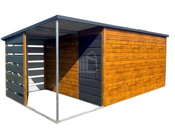 Gartenhaus - Gartenschuppen 4x3m + Überdachung 1,5m - Tür - Helles Walnussholz - Holzoptik - Anthrazit - Flachdach ID557