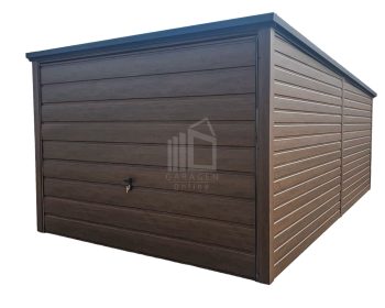 Blechgarage 3x6m - Schwingtor - Dunkles Walnussholz - Holzoptik - Flachdach ID560