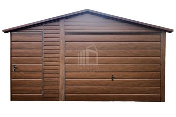 Blechgarage 4,5x6m + Überdachung 1,5m - Schwingtor - Tür - Dunkles Walnussholz - Holzoptik - Satteldach ID563