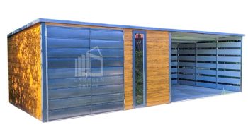 Blechgarage 4x3m + Überdachung 4,5m - Zweiflügeliges Tor - Helles Walnussholz - Holzoptik - Anthrazit - Flachdach ID568