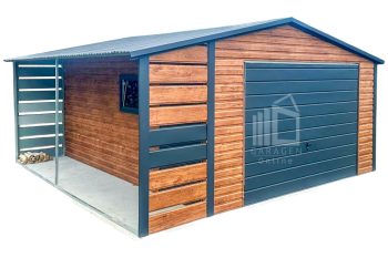 Blechgarage 4x6m + Überdachung 1m - Schwingtor - Tür - PVC Kippfenster - Helles Walnussholz - Holzoptik - Anthrazit - Satteldach ID569