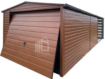 Blechgarage 3,5x5 + Überdachung 3m - Schwingtor - PVC Kippfenster - Holzoptik - Dachrinnen - Satteldach GP572